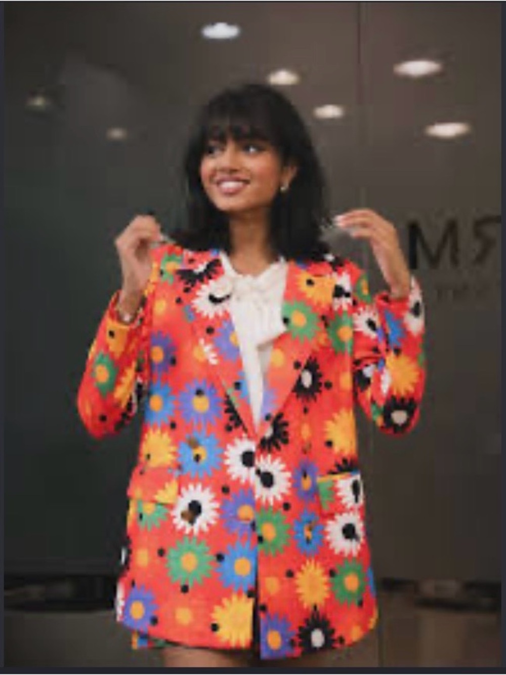 SHEIN Orange Floral Print Single-Breasted Blazer